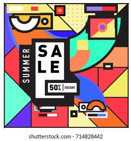 Summer sale memphis style web banner. Fashion and travel discount poster. Vector holiday Abstract colorful retro illustration with special offer and promotion.