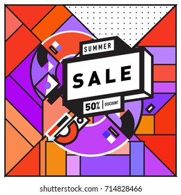 Summer sale memphis style web banner. Fashion and travel discount poster. Vector holiday Abstract colorful retro illustration with special offer and promotion.