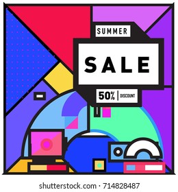 Summer sale memphis style web banner. Fashion and travel discount poster. Vector holiday Abstract colorful retro illustration with special offer and promotion.