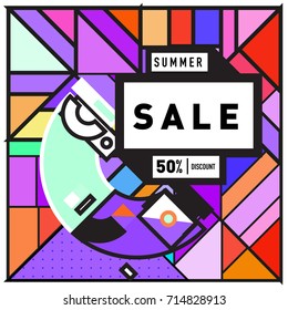 Summer sale memphis style web banner. Fashion and travel discount poster. Vector holiday Abstract colorful retro illustration with special offer and promotion.