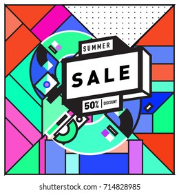Summer sale memphis style web banner. Fashion and travel discount poster. Vector holiday Abstract colorful retro illustration with special offer and promotion.