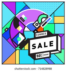 Summer sale memphis style web banner. Fashion and travel discount poster. Vector holiday Abstract colorful retro illustration with special offer and promotion.