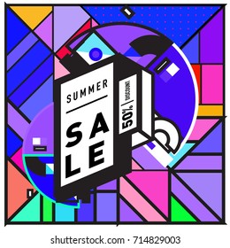 Summer sale memphis style web banner. Fashion and travel discount poster. Vector holiday Abstract colorful retro illustration with special offer and promotion.