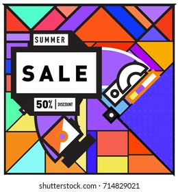 Summer sale memphis style web banner. Fashion and travel discount poster. Vector holiday Abstract colorful retro illustration with special offer and promotion.