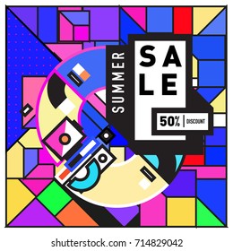 Summer sale memphis style web banner. Fashion and travel discount poster. Vector holiday Abstract colorful retro illustration with special offer and promotion.
