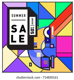 Summer sale memphis style web banner. Fashion and travel discount poster. Vector holiday Abstract colorful retro illustration with special offer and promotion.