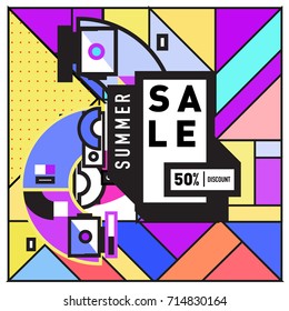 Summer sale memphis style web banner. Fashion and travel discount poster. Vector holiday Abstract colorful retro illustration with special offer and promotion.