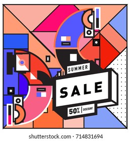 Summer sale memphis style web banner. Fashion and travel discount poster. Vector holiday Abstract colorful retro illustration with special offer and promotion.