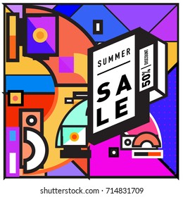 Summer sale memphis style web banner. Fashion and travel discount poster. Vector holiday Abstract colorful retro illustration with special offer and promotion.