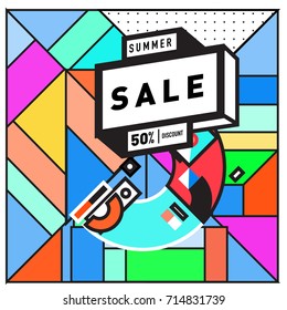 Summer sale memphis style web banner. Fashion and travel discount poster. Vector holiday Abstract colorful retro illustration with special offer and promotion.