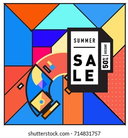 Summer sale memphis style web banner. Fashion and travel discount poster. Vector holiday Abstract colorful retro illustration with special offer and promotion.