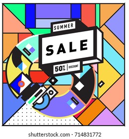 Summer sale memphis style web banner. Fashion and travel discount poster. Vector holiday Abstract colorful retro illustration with special offer and promotion.