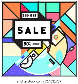Summer sale memphis style web banner. Fashion and travel discount poster. Vector holiday Abstract colorful retro illustration with special offer and promotion.