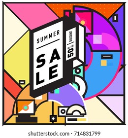 Summer sale memphis style web banner. Fashion and travel discount poster. Vector holiday Abstract colorful retro illustration with special offer and promotion.