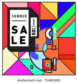 Summer sale memphis style web banner. Fashion and travel discount poster. Vector holiday Abstract colorful retro illustration with special offer and promotion.