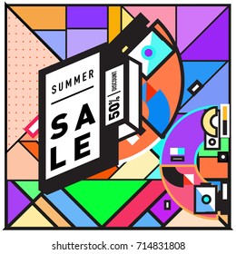 Summer sale memphis style web banner. Fashion and travel discount poster. Vector holiday Abstract colorful retro illustration with special offer and promotion.