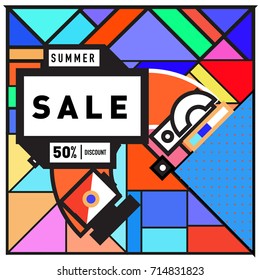 Summer sale memphis style web banner. Fashion and travel discount poster. Vector holiday Abstract colorful retro illustration with special offer and promotion.