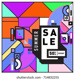 Summer sale memphis style web banner. Fashion and travel discount poster. Vector holiday Abstract colorful retro illustration with special offer and promotion.