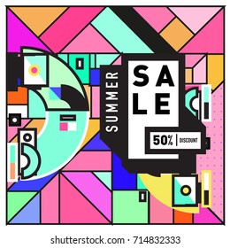 Summer sale memphis style web banner. Fashion and travel discount poster. Vector holiday Abstract colorful retro illustration with special offer and promotion.