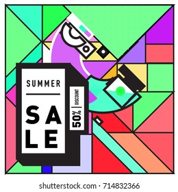 Summer sale memphis style web banner. Fashion and travel discount poster. Vector holiday Abstract colorful retro illustration with special offer and promotion.