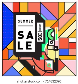 Summer sale memphis style web banner. Fashion and travel discount poster. Vector holiday Abstract colorful retro illustration with special offer and promotion.