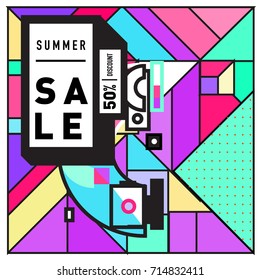 Summer sale memphis style web banner. Fashion and travel discount poster. Vector holiday Abstract colorful retro illustration with special offer and promotion.