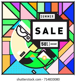 Summer sale memphis style web banner. Fashion and travel discount poster. Vector holiday Abstract colorful retro illustration with special offer and promotion.