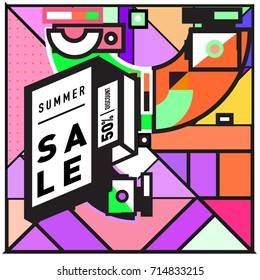 Summer sale memphis style web banner. Fashion and travel discount poster. Vector holiday Abstract colorful retro illustration with special offer and promotion.