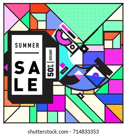 Summer sale memphis style web banner. Fashion and travel discount poster. Vector holiday Abstract colorful retro illustration with special offer and promotion.