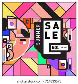 Summer sale memphis style web banner. Fashion and travel discount poster. Vector holiday Abstract colorful retro illustration with special offer and promotion.