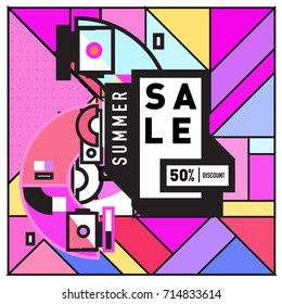 Summer sale memphis style web banner. Fashion and travel discount poster. Vector holiday Abstract colorful retro illustration with special offer and promotion.