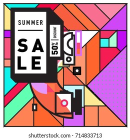 Summer sale memphis style web banner. Fashion and travel discount poster. Vector holiday Abstract colorful retro illustration with special offer and promotion.