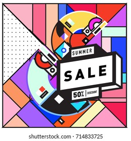 Summer sale memphis style web banner. Fashion and travel discount poster. Vector holiday Abstract colorful retro illustration with special offer and promotion.