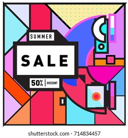 Summer sale memphis style web banner. Fashion and travel discount poster. Vector holiday Abstract colorful retro illustration with special offer and promotion.