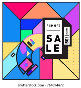 Summer sale memphis style web banner. Fashion and travel discount poster. Vector holiday Abstract colorful retro illustration with special offer and promotion.