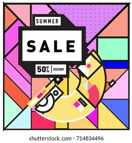 Summer sale memphis style web banner. Fashion and travel discount poster. Vector holiday Abstract colorful retro illustration with special offer and promotion.