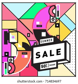 Summer sale memphis style web banner. Fashion and travel discount poster. Vector holiday Abstract colorful retro illustration with special offer and promotion.