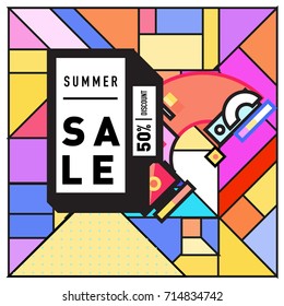 Summer sale memphis style web banner. Fashion and travel discount poster. Vector holiday Abstract colorful retro illustration with special offer and promotion.