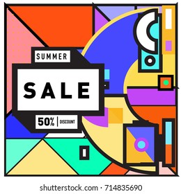 Summer sale memphis style web banner. Fashion and travel discount poster. Vector holiday Abstract colorful retro illustration with special offer and promotion.