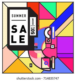 Summer sale memphis style web banner. Fashion and travel discount poster. Vector holiday Abstract colorful retro illustration with special offer and promotion.