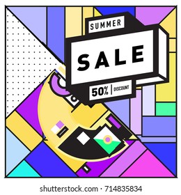 Summer sale memphis style web banner. Fashion and travel discount poster. Vector holiday Abstract colorful retro illustration with special offer and promotion.