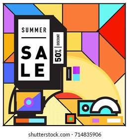 Summer sale memphis style web banner. Fashion and travel discount poster. Vector holiday Abstract colorful retro illustration with special offer and promotion.