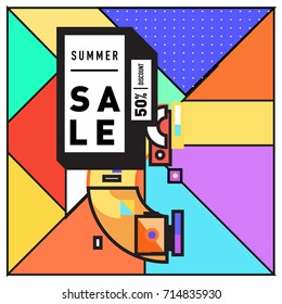 Summer sale memphis style web banner. Fashion and travel discount poster. Vector holiday Abstract colorful retro illustration with special offer and promotion.