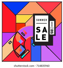 Summer sale memphis style web banner. Fashion and travel discount poster. Vector holiday Abstract colorful retro illustration with special offer and promotion.