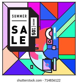 Summer sale memphis style web banner. Fashion and travel discount poster. Vector holiday Abstract colorful retro illustration with special offer and promotion.