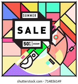 Summer sale memphis style web banner. Fashion and travel discount poster. Vector holiday Abstract colorful retro illustration with special offer and promotion.