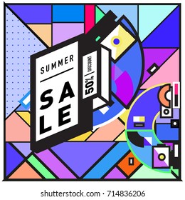 Summer sale memphis style web banner. Fashion and travel discount poster. Vector holiday Abstract colorful retro illustration with special offer and promotion.