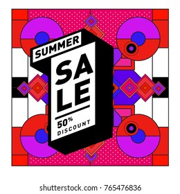 Summer sale memphis style web banner. Fashion and travel discount poster. Vector holiday Abstract colorful illustration with special offer and promotion.