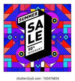 Summer sale memphis style web banner. Fashion and travel discount poster. Vector holiday Abstract colorful illustration with special offer and promotion.