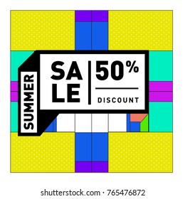 Summer sale memphis style web banner. Fashion and travel discount poster. Vector holiday Abstract colorful illustration with special offer and promotion.